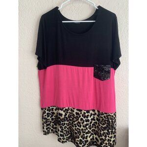 Heimish USA Pink, Black Tunic Sequin Pocket Animal Print Tier Size 2XL